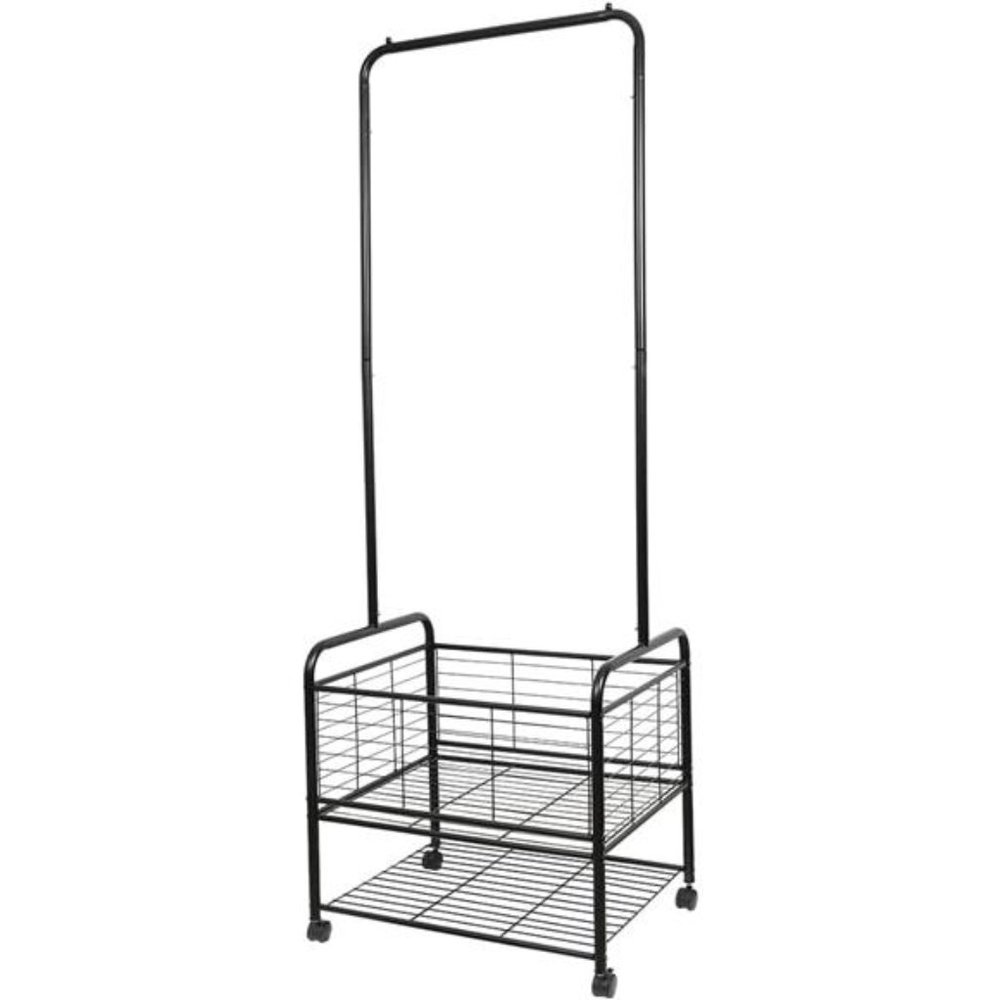 Metal Rolling Laundry Hamper Butler Cart Basket with Hanging Rack (Black)